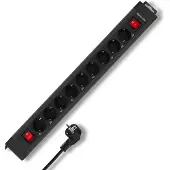 REV 9-fold w. 2 switches, 3,7m, 250 V, 16 A, 3500 W, Schwarz, 3,7 m, 590 x 43 x 67 mm