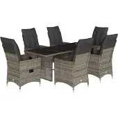 vidaXL 7-tlg. Garten-Essgruppe mit Kissen Grau Poly Rattan