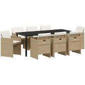 vidaXL Garten Essgruppe mit Kissen 9 pcs Beige Poly-Rattan