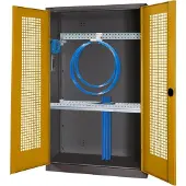 C+P Modul-Sportgeräteschrank "Grundausstattung" mit Lochblech-Flügeltüren, HxBxT 195x120x50 cm, Ergo-Lock Muldengriff, Goldgelb (RAL 1004), Anthrazit (RAL 7021), Einzelschließung