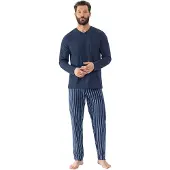 Mey Schlafanzug "STRAIGHT", Herren, Gr. S, blau (yacht blau), Single Jersey, Obermaterial: 100% Baumwolle, bequem lang, V-Ausschnitt, Homewear-Sets Schlafanzug, Langarm-Shirt mit Brusttasche