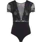 Pieces Stringbody "PCSICCA", Damen, Gr. M, N-Gr, schwarz, Jersey, Obermaterial: 85% Polyamid, 15% Elasthan, unifarben, sehr figurbetont, Rundhals, Bodys Stringbody, mit Spitze, Topseller