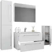VCM 5-tlg. Set | 1 Waschtisch mit zwei Schubladen, 1 Spiegelschrank, 1 Waschbecken, 1 Midischrank, 1 Hochschrank | Keramik Waschbecken | hängend Unterschrank 80 cm | Badmöbel Set Waschplatz – Badinos