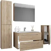 VCM 5-tlg. Set | 1 Waschtisch mit zwei Schubladen, 1 Spiegelschrank, 1 Waschbecken, 1 Midischrank, 1 Hochschrank | Keramik Waschbecken | hängend Unterschrank 80 cm | Badmöbel Set Waschplatz – Badinos