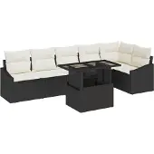 vidaXL Garten-Sofa-Set mit Kissen mit Speicher 7 pcs Schwarz und Creme