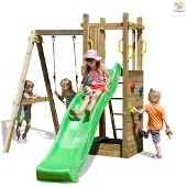 Fungoo Spielturm "Funny 3" natur mit Schaukel, Rutsche, Sandkasten und Kletterwand