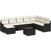 vidaXL Garten-Sofa-Set mit Kissen 9 pcs Schwarz und Weiß Poly Rattan