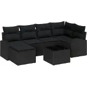 vidaXL Sofa Set mit Kissen mit Speicher 7 pcs Schwarz Poly-Rattan