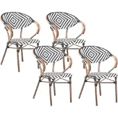 Beliani Gartenstuhl 4er Set Schwarz u. Weiß Polyrattan Geflochten Geometrisches Muster mit Armlehnen Metallbeine in Dunkler Holzoptik Outdoor Terrasse