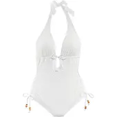 LASCANA Badeanzug "Omara", Damen, Gr. 40, Cup A/B, beige (creme), Recycling-Polyamid, Strukturmuster, Badeanzüge Badeanzug, mit Lochstickerei