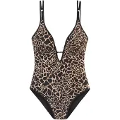 LASCANA Badeanzug "Zaba", Damen, Gr. 34, Cup A/B, schwarz (schwarz, gold), Recycling-Polyamid, Badeanzüge Badeanzug, Mit goldfarbigen Zierperle, Topseller
