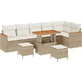 vidaXL Garten-Sofa-Set mit Kissen mit Speicher Beige Poly Rattan