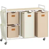 Vasagle Wäschesammler mit 3 Fächern, 150 L Wäschesortierer, Wäschewagen mit Regalböden, herausnehmbare Innenbeutel, 6 Etiketten, Naturbeige, Camelbraun und Cremeweiß