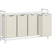 Vasagle Wäschekorb, 4-Fach Wäschesammler, herausziehbare und abnehmbare Wäschesäcke, Wäschesortierer, Regal, Metallrahmen, 4 x 40 L, 116 x 33 x 72 cm, Cremeweiß und Mattweiß BLH401W01