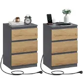 Vasagle Nachttisch 2er Set mit Schubladen und Ladestation ebenholzschwarz LET831G01