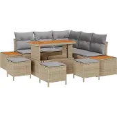 vidaXL Gartensofa-set mit Kissen mit Speicher 9 pcs Beige Poly Rattan