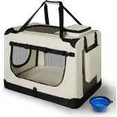 Juskys Hundetransportbox Lassie L (beige) faltbar - 50 x 70 x 52 cm - Reisebox mit Decke, Tasche & Griffen – Stoff Transportbox für Hunde