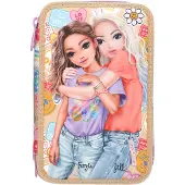 TOPModel 13282 TOPModel Girl Power - Gefüllte 3-Fach Federtasche in Beige, mit Model Motiv und bunten Batches, Federmappe mit Buntstiften, Schere, Lineal uvm.