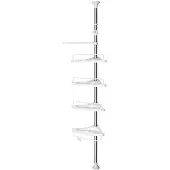 Songmics Duschregal Höhenverstellbares Eckregal für Badezimmer, 4 Ablagen, 3 Haken, 1 Handtuchhalter, Weiß-Silber