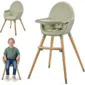 Kinderkraft FINI 2 Hochstuhl 2in1 - Verstellbares Tablett - Sitz - Buchenholzbeine - 5-Punkt-Gurte - Rutschfeste Füße - Grün