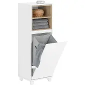 SoBuy BZR146-W Wäscheschrank mit ausklappbarem Wäschesack Wäschesammler mit 2 Fächern Wäschekorb Badezimmerschrank Weiß BHT ca. 35x105x30cm