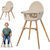 Kinderkraft FINI 2 Hochstuhl 2in1 - Verstellbares Tablett - Sitz - Buchenholzbeine - 5-Punkt-Gurte - Rutschfeste Füße - Beige