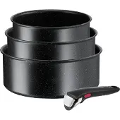 Tefal Topf-Set "Ingenio Black Stone, Kasserollenset abnehmbarer Griff, stapelbar" Set, 3x Stielkasserollen Ø 16/18/20 cm, 1x abnehmbarer Griff, 4 Stk. tlg. Aluminium