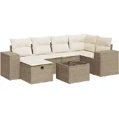 vidaXL 7-tlg. Garten-Sofagarnitur mit Kissen Beige Poly Rattan
