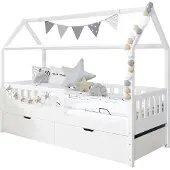Ticaa kindermobel Hausbett "Traumhaus" mit 2er Schubkästen Kiefer Weiß Ticaa Weiß