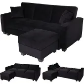 Mendler Sofa MCW-H47 mit Ottomane, Couch Sofa Gästebett, Schlaffunktion Stauraum 217x145cm Samt schwarz