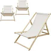 ECD-Germany 3x Liegestuhl klappbar aus Holz, Beige, bis 120kg, 3 Liegepositionen, Sonnenliege Gartenliege Relaxliege Strandliege Strandliegestuhl