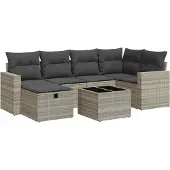 vidaXL 7-tlg. Garten-Sofagarnitur mit Kissen Hellgrau Poly Rattan