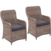 Mendler 2er-Set Poly-Rattan Stuhl MCW-E98, Rattanstuhl Gartenstuhl Korbsessel, Spun Poly halbrundes Rattan MVG beige Kissen grau