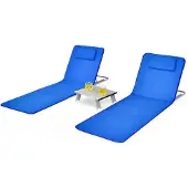 Costway 2 x Strandmatte mit Beistelltisch, Strandliege Matte 5 Stufen verstellbare Rückenlehne, Sonnenliege faltbar Liegestuhlset Gartenliege Liege (Blau)