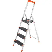 Songmics Leiter mit 4 Stufen, Aluleiter, mit Handlauf, Werkzeugschale