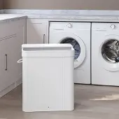 Songmics Wäschekorb mit Deckel, Wäschesammler Bambus, Wäschesack mit Griffen herausnehmbar und maschinenwaschbar LCBB35063W01