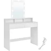 Vasagle Frisierkommode mit LED-Beleuchtung, verstellbare Helligkeit, Schminktisch mit Spiegel, Kosmetiktisch mit 2 Schubladen und 3 offenen Fächern, modern, Weiß