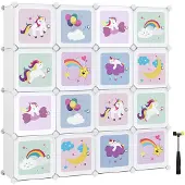 Songmics 16-Fach-Regalsystem, Aufbewahrungsschrank für Kinder, Kleiderschrank mit Türen, Kunststoff-Schuhregal, Mehrzweck, Schuhe, Spielzeug, 123 x 31 x 123 cm, Weiß LPC906W01