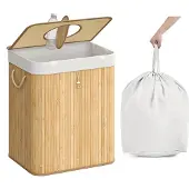 Songmics Pfandflaschen-Sammelbehälter 95 L, Bambus, mit Loch, Deckel, Innensack mit Griffen, naturbeige RRB060Y01