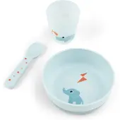 Done by Deer - Foodie First Meal Geschirr-Set - Playground Blau - Skål: 12,5 x H 4,5 cm. Krus: 6,5 x H 7 cm. Ske: 14 cm.