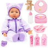 Bayer 94694AA Funktionspuppe, Interaktive Puppe Piccolina Magic Eyes, bewegt den Mund, blinzelt mit den Augen, sprechend, lila, 46cm
