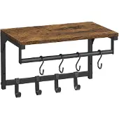 Vasagle Wandgarderobe mit Ablage Wandregal Garderobenständer mit 8 abnehmbaren Haken, wandmontiertes Hängeregal mit Kleiderstange, für Flur, Schlafzimmer, vintagebraun-schwarz LCR103B01