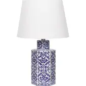 Beliani Tischlampe Blau und Weiß Porzellan Vasenform 53 cm Stoffschirm Kegelform Handbemalt Kabel mit Schalter Modern Schlaf- u. Wohnzimmer Beleuchtung