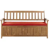 Beliani 3-Sitzer Gartenbank Hellbrun Akazienholz 160 cm mit Stauraum Auflage Rot Armlehnen Rückenlehne Latten-Optik Garten Terrasse Wintergarten