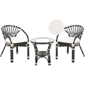 Beliani Balkonset Schwarz Rattan 3-teilig 2 Sessel mit Couchtisch Auflagen Cremeweiß Boho Outdoor Indoor Garten Terrasse Balkon Wohnzimmer Schlafzimmer
