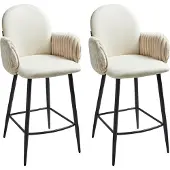 Beliani Barstuhl 2er Set Hellbeige Stoff mit Armlehnen aus Samt Gepolstert Rundes Design Eleganter Moderner Stil Barhocker für Theke Esszimmer Küche