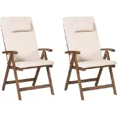 Beliani Gartenstuhl 2er Set Dunkelbraun und Hellbeige Akazienholz Verstellbar Klappbar mit Auflagen Armlehnen Lamellen-Optik Rustikal Außenbereich