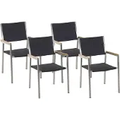 Beliani Gartenstühle 4er Set Schwarz / Silber Polyrattan Edelstahl mit Armlehnen Rattanbespannung Terrasse Outdoor Modernes Design