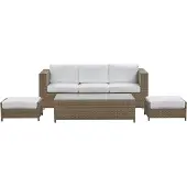 Beliani Lounge Set Weiß Braun PE Rattan Kaffeetisch 2 Ottomane Auflagen Modern Outdoor