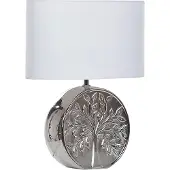 Beliani Tischlampe Silber 49 cm Keramiksockel Glänzend mit Baummotiv Kabel mit Schalter Lampenschirm in Weiß Schlafzimmer Wohnzimmer Glamourös
